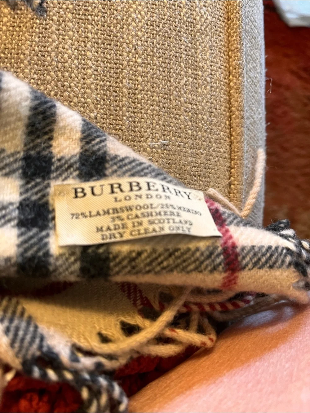 Burberry Beige Plaid Wool Scarf with Black and Red Check